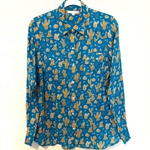 Tin Haul Blue Cactus Print Cotton Long Sleeve Shirt Women’s Medium Rodeo Novelty